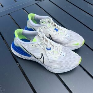 Nike White and Blue Running Shoes with Neon Accents
